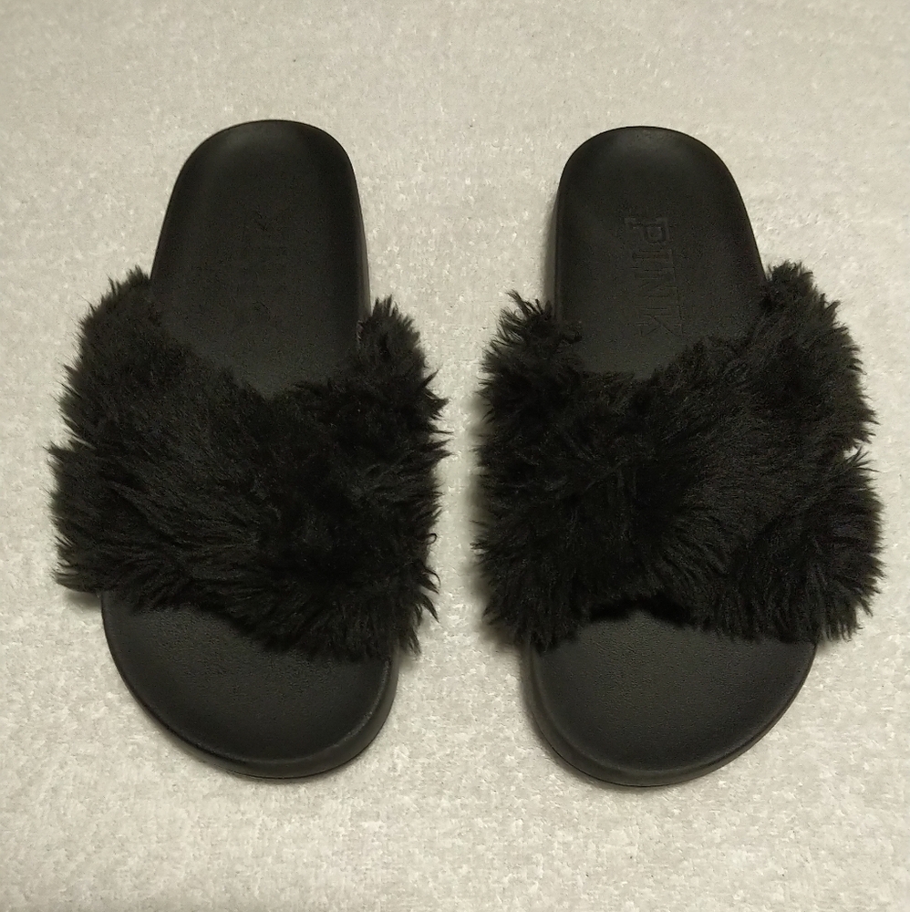 PINK Victoria's Secret Furry Black Sandals - Size 9